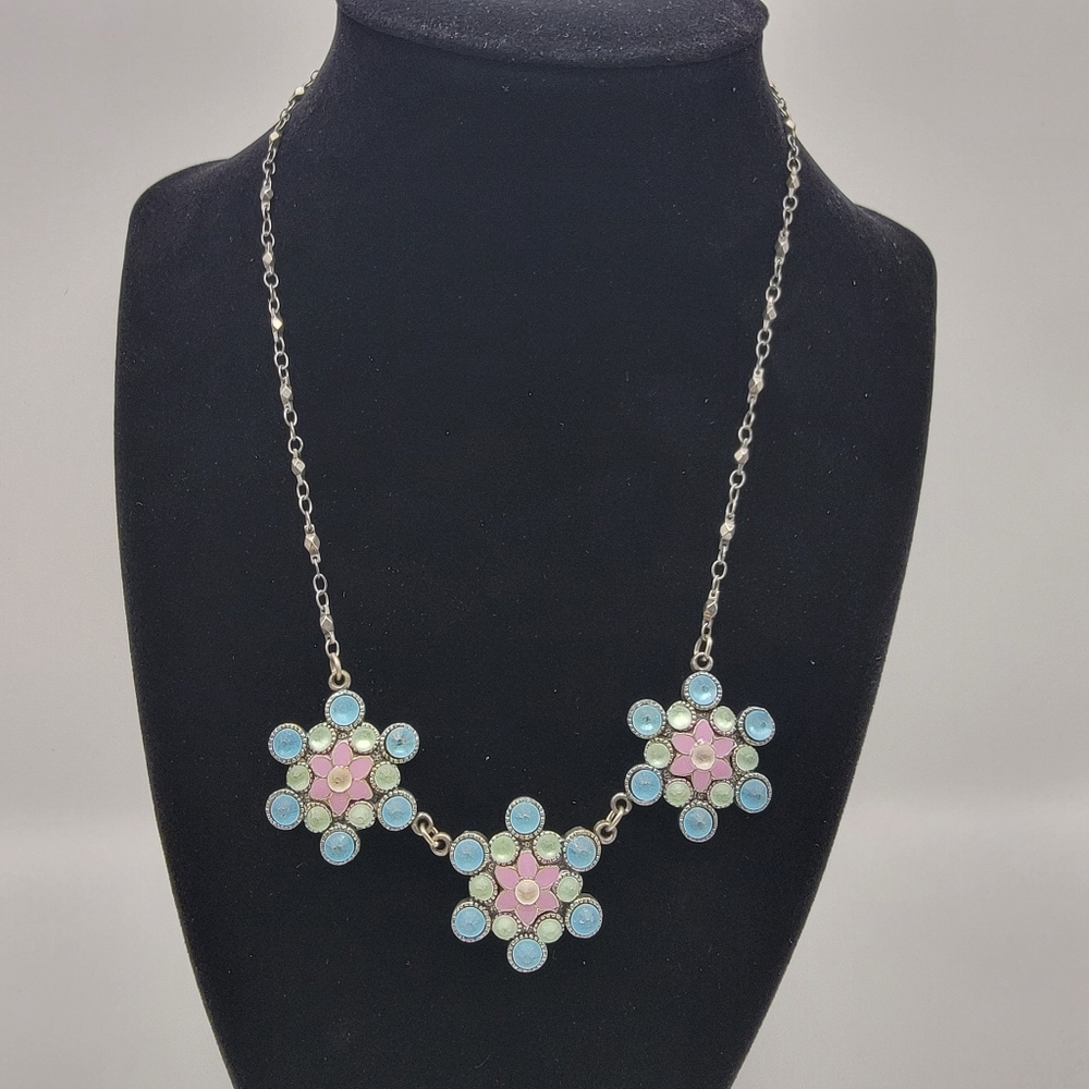 Vtg Anne Koplik Pewter Floral Necklace Pendant 14" -16" Adjustable #776n